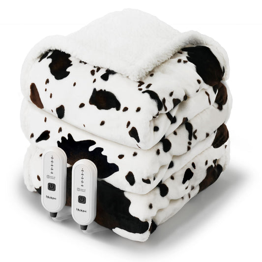 blunique Cow Print Electric Heated Blanket Queen-Dual Control Heating Blanket Queen Size with 5 Heat Levels & 10 Hours Auto-Off, Cozy Soft Fleece Sherpa, Washable, 84x90 Inche