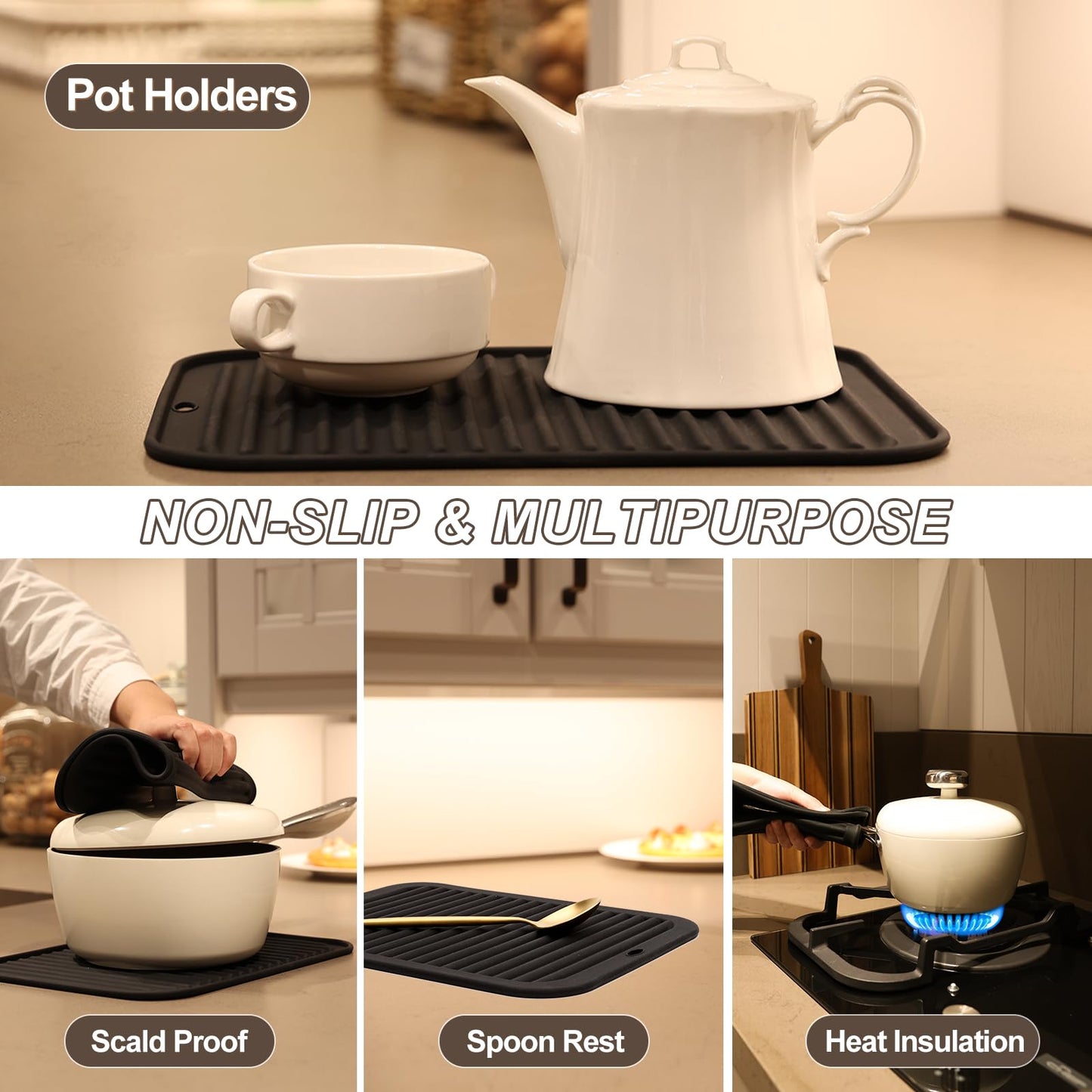 Joyhalo 4 Pack Trivets - Silicone Hot Pads for Kitchen, 9'' x 12'', Heat Resistant to 480F, Black