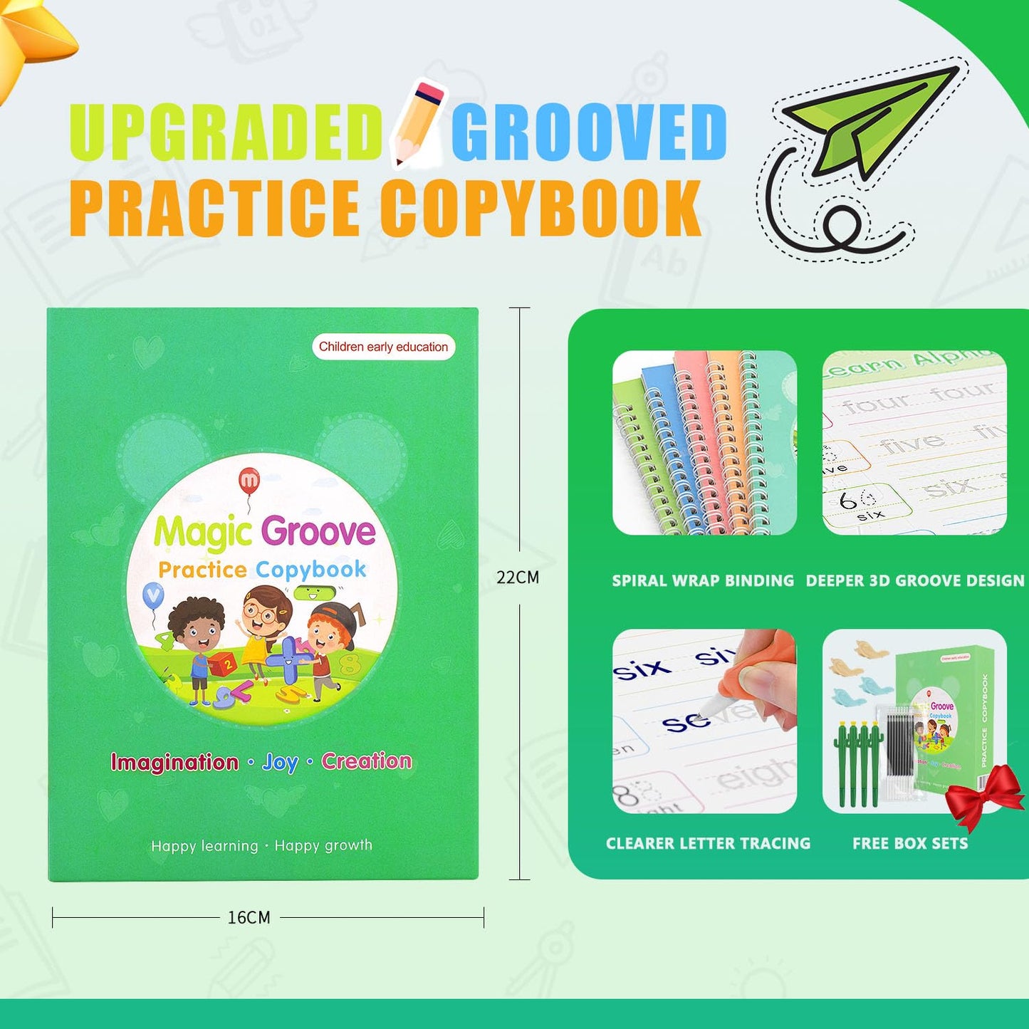 Magic Groove Practice Copybook for Kids, Reusable Writing Practice Book, Grooved Handwriting Book Set for Kids Ages 3-8 Calligraphy 5.59 * 7.91 (5 Medium Books with Cactus Pens & Gift Box)
