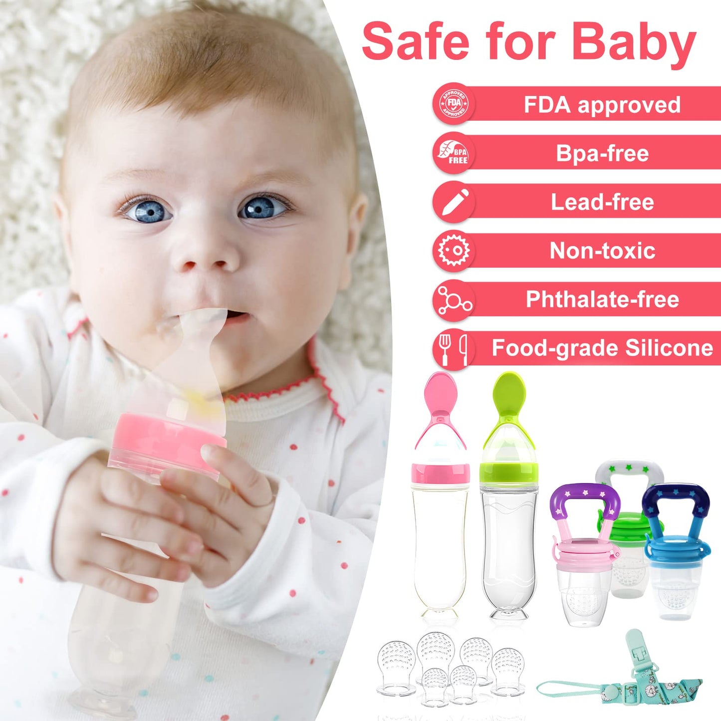 Food Feeder Baby Fruit Feeder Pacifier (3 Pcs) with 6 Different Sized Silicone Pacifiers 2 PCS Silicone Baby Food Dispensing Spoon 90ML with Infants Spoons Pacifier Clip Infant Fruit Teething Toy-Pink