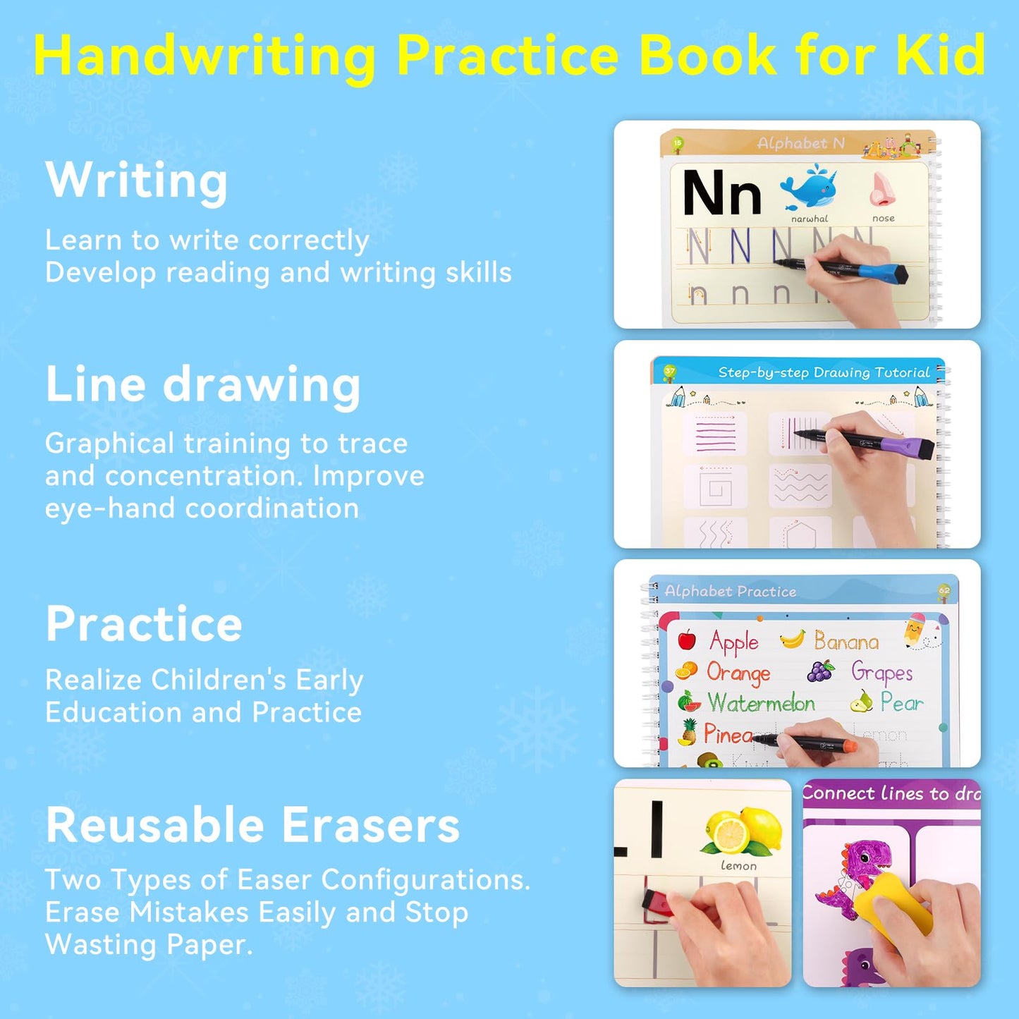 Preschool Learning Activity Educational Workbook 64Pages Toddler Prek Reusable Handwriting Practice Activity Tracing Toys Busy Book for Kids Gift,Autism Learning Material Book 12Markers Rose Purple