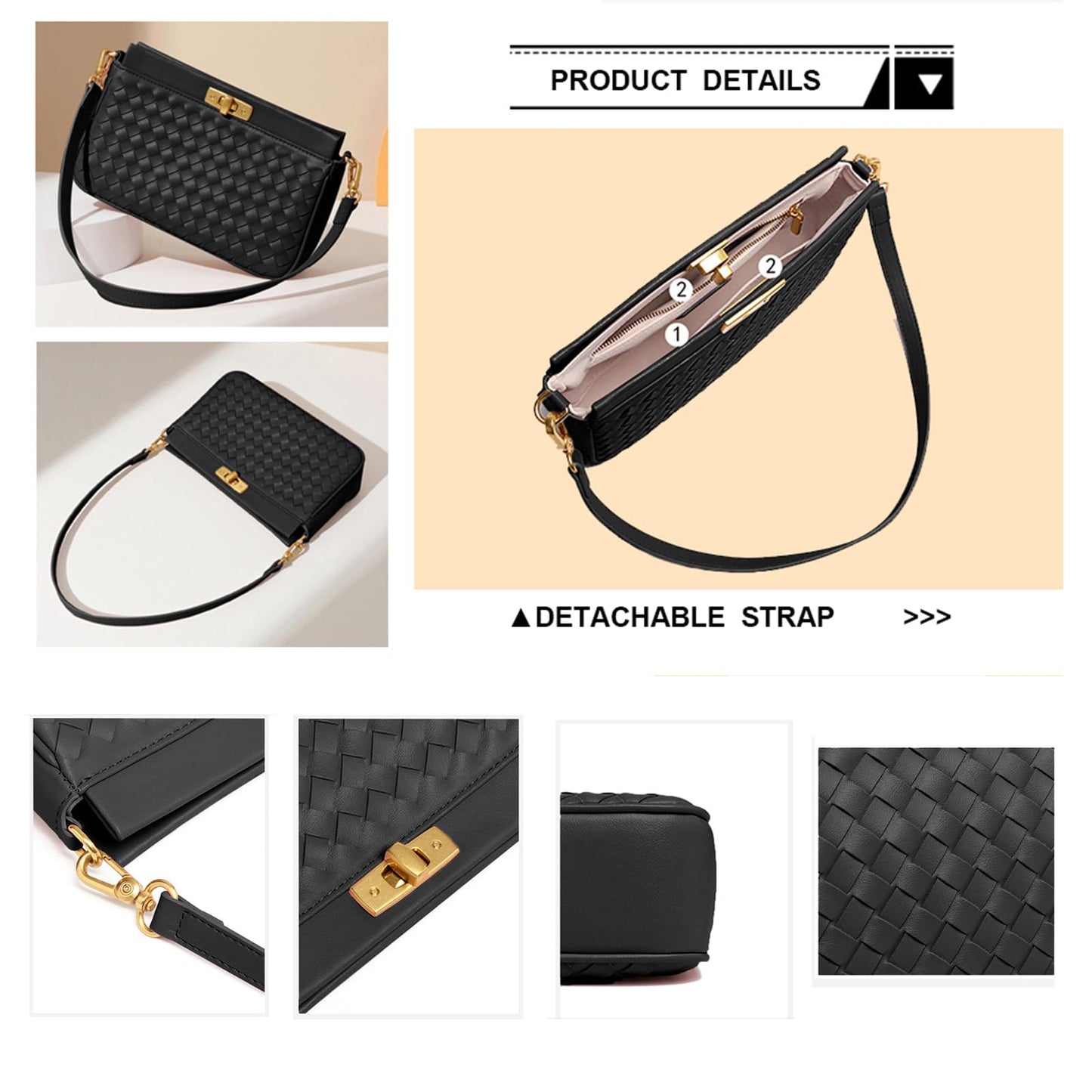 Shoulder Bag for Women Weave Lightweight Tote Bags Vegan Leather Handbags Handmade Cute Bags Sling Purse with Pocket Black