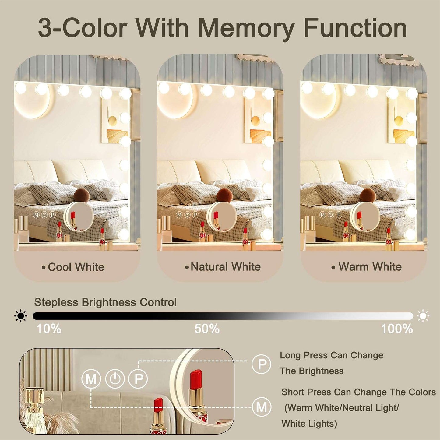 Ratsamee Hollywood Mirror with Lights, 24 Bulbs，3 Color Lights，Make Up Lighted Mirror, Aluminum Metal Frame,USB Charging Port（48" x 30"）