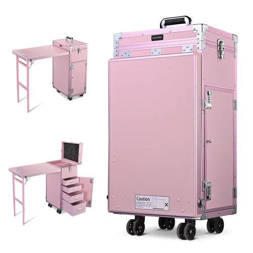 BYOOTIQUE Rolling Manicure Table Portable Nail Table Foldable Nail Desk Travel Makeup Train Case Cosmetic Trolley Storage Organizer with 4 Drawers Mirror & Speaker for Nail Tech Workstation Mua, Pink