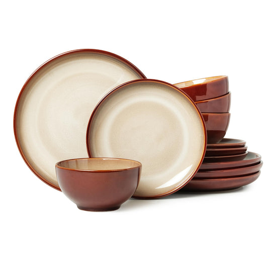 Pokini Stoneware Dinnerware Set Service for 4, 12 pcs Reactive Glaze Plates and Bowls Sets, Handmade Round Dishes Set, Highly Chip and Crack Resistant Modern Plate Set, Brown Yellow