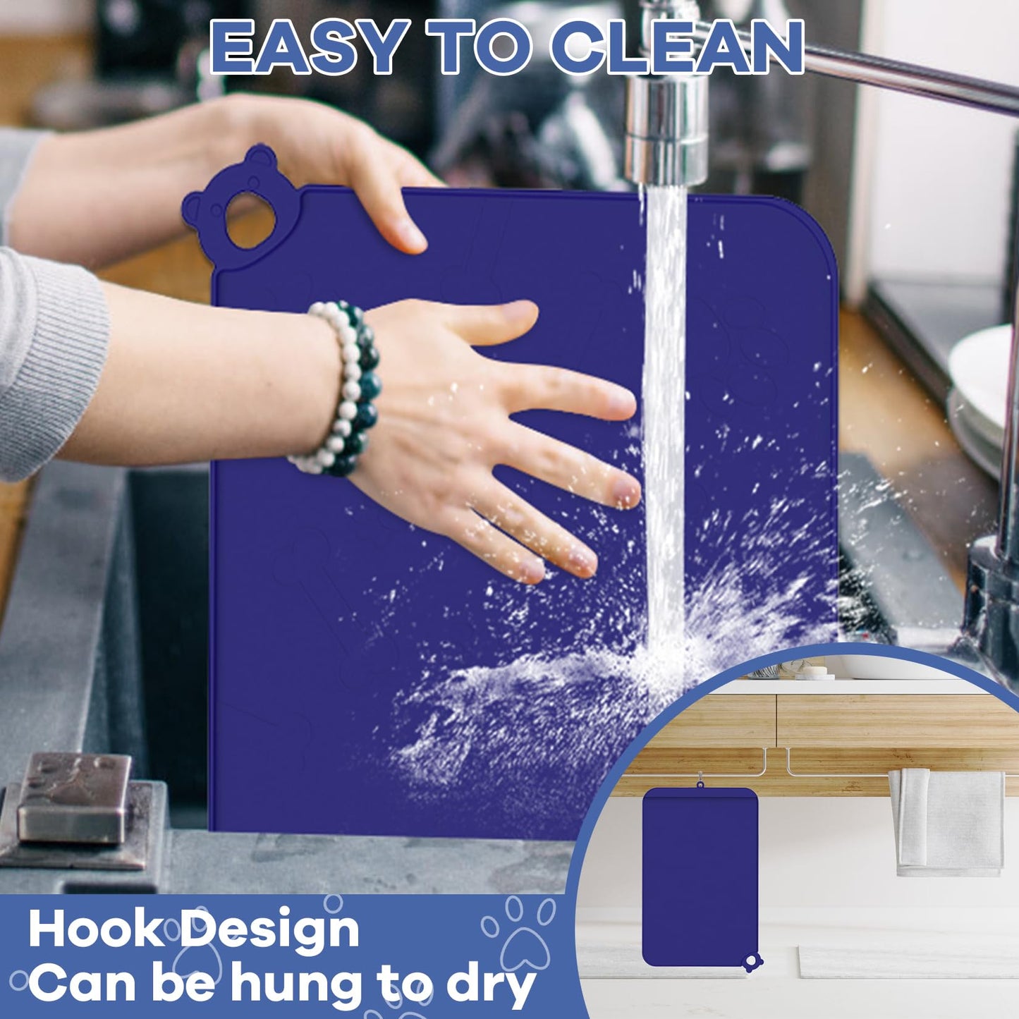 Pet Feeding Mat, Dog Food Mat, 24''x16'' Silicone Pet Feeding Mats with Residue Collection Pocket, Waterproof Dog Cat Bowl Mats for Food and Water with Edge and Hook, Tray for Dog Bowls, Navy Blue