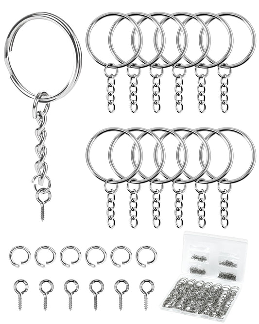 FIVEIZERO 300Pcs Key Rings Kit, 100Pcs Key Ring with Chain, Keyrings Kit,100Pcs Small Screw Eye Pins, 100Pcs Open Jump Rings for Keychain Making Supplies, Crafts, and DIY Projects