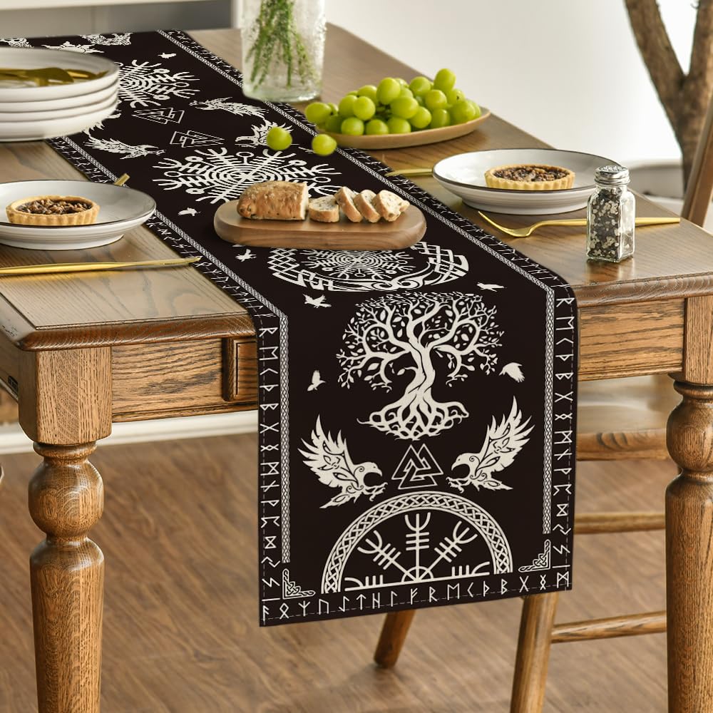 Artoid Mode Black Viking Tree of Life Raven Helmet of Awe Table Runner, Seasonal Kitchen Dining Table Decoration for Home Party Decor 13x108 Inch