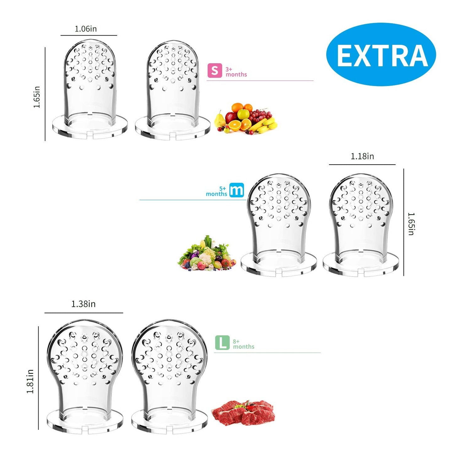 Food Feeder Baby Fruit Pacifier (3 Pcs) with 6 Different Sized Silicone Pacifiers 2 PCS Dispensing Spoon 90ML Spoons Clip Infant Teething Toy -Blue