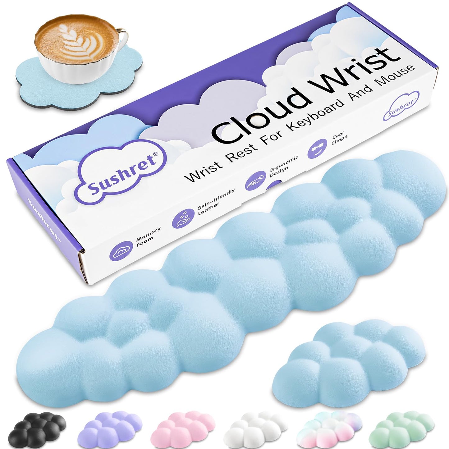 Cloud Wrist Rest Keyboard, Cloud Keyboard Wrist Pad Set with PU Leather Memory Foam, Cute Arm Rest for Palm Support, PC/Gaming Desk Accessories/Office Setup/Computer Hand Cushion - White