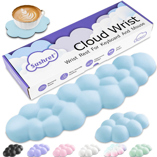 Cloud Wrist Rest Keyboard, Cloud Keyboard Wrist Pad Set with PU Leather Memory Foam, Cute Arm Rest for Palm Support, PC/Gaming Desk Accessories/Office Setup/Computer Hand Cushion - White