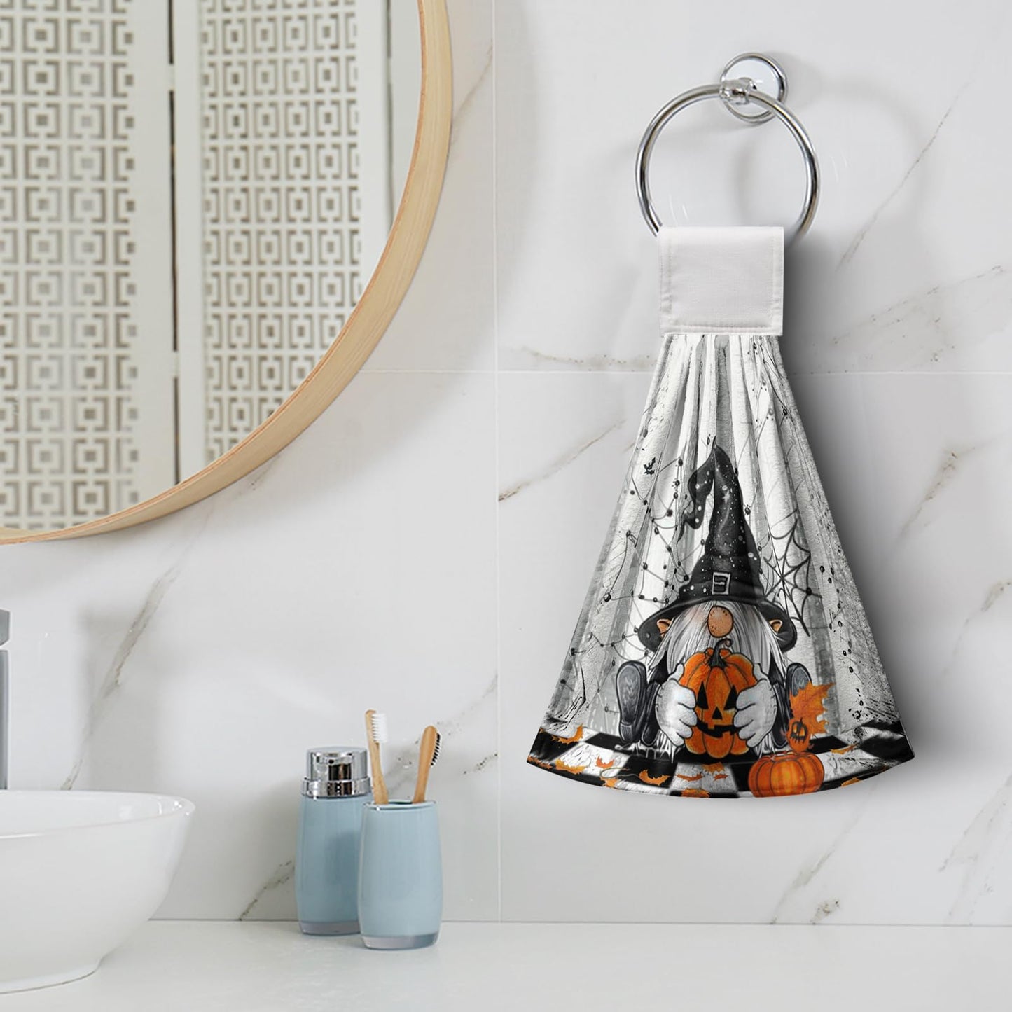 Halloween Gnome Pumpkins Hanging Hand Towels Set of 2 Bats Spider Webs Truck Kitchen Towels with Hanging Loop Orange and Black Seasonal Tea Towel Soft Absorbent Fingertip Tie Towels for Bathroom