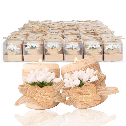 12PCS Wooden Tealight Candle Holders, Wedding Thank You Favors for Guests, Baptism/Bridal Shower Centerpieces for Tables, Wood Cylinder Candle Set for Baby Shower Decorations(Double Heart Tag)