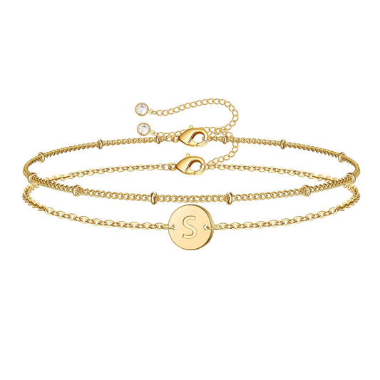 MONOZO Gold Initial Bracelets for Women Mothers Day Gifts, Dainty 14K Gold Plated Layered Beaded Letter Initial Bracelet Personalized 26 Alphabet Disc Monogram Charm Bracelet Mothers Day Gifts for Mom