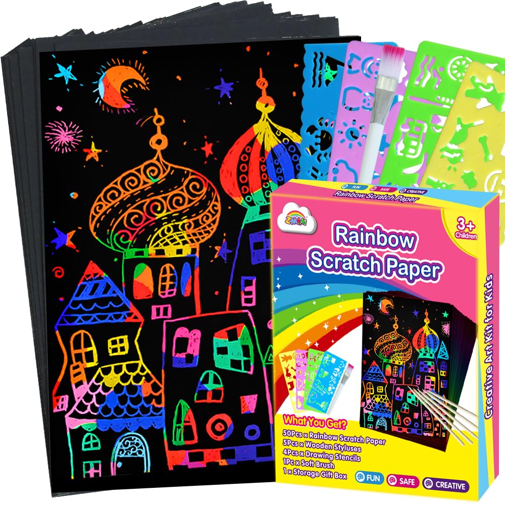 ZMLM Scratch Art Crafts Girls Gifts, Rainbow Scratch Paper Art Gifts for 3 4 5 6 7 8 9 10 Years Old Girls and Boys Kids, Arts and Crafts for Kids 4-6 Birthday Toys and Games Activities Gift (Pink)
