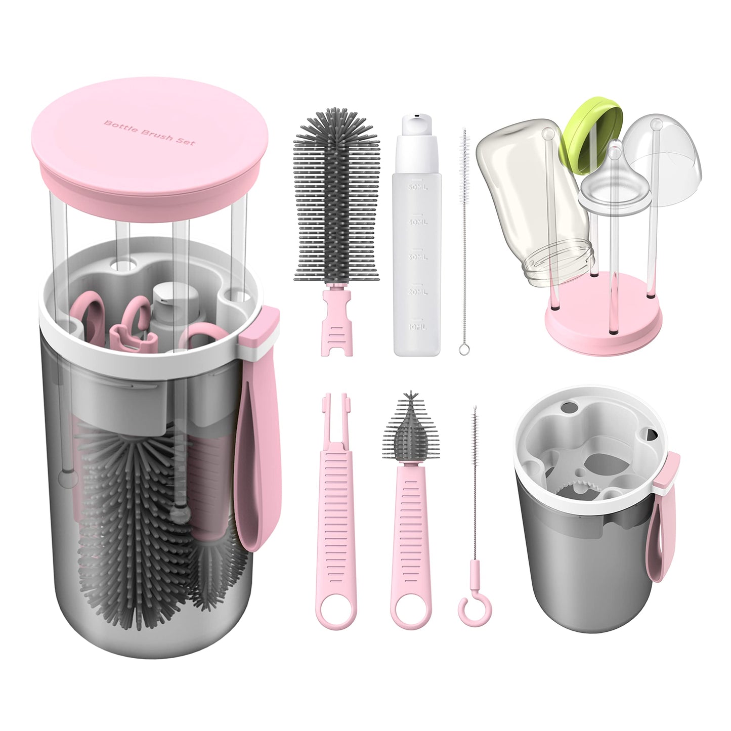 Baby Essential Travel Bottle Cleaner Kit with Silicone Bottle Brush,Built-in Snap-on Drying Rack,Silicone Nipple-Shaped Brush,2 Straw Brushes,Bottle Soap Dispenser,Bottle Warmer Bowl.(Pink)