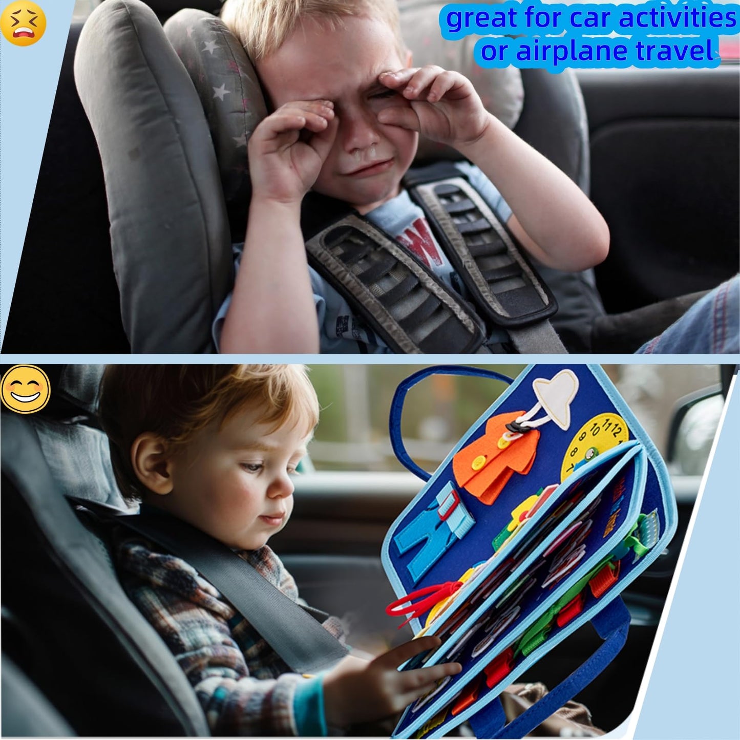 GLOBEFLY Toddler Busy Board Montessori Toys, Busy Book for Toddlers 1-3, Sensory Board Educational Activities for Learning Fine Motor Skills, Airplane Car Travel Toys Gifts for Girls Boys, Blue-5page