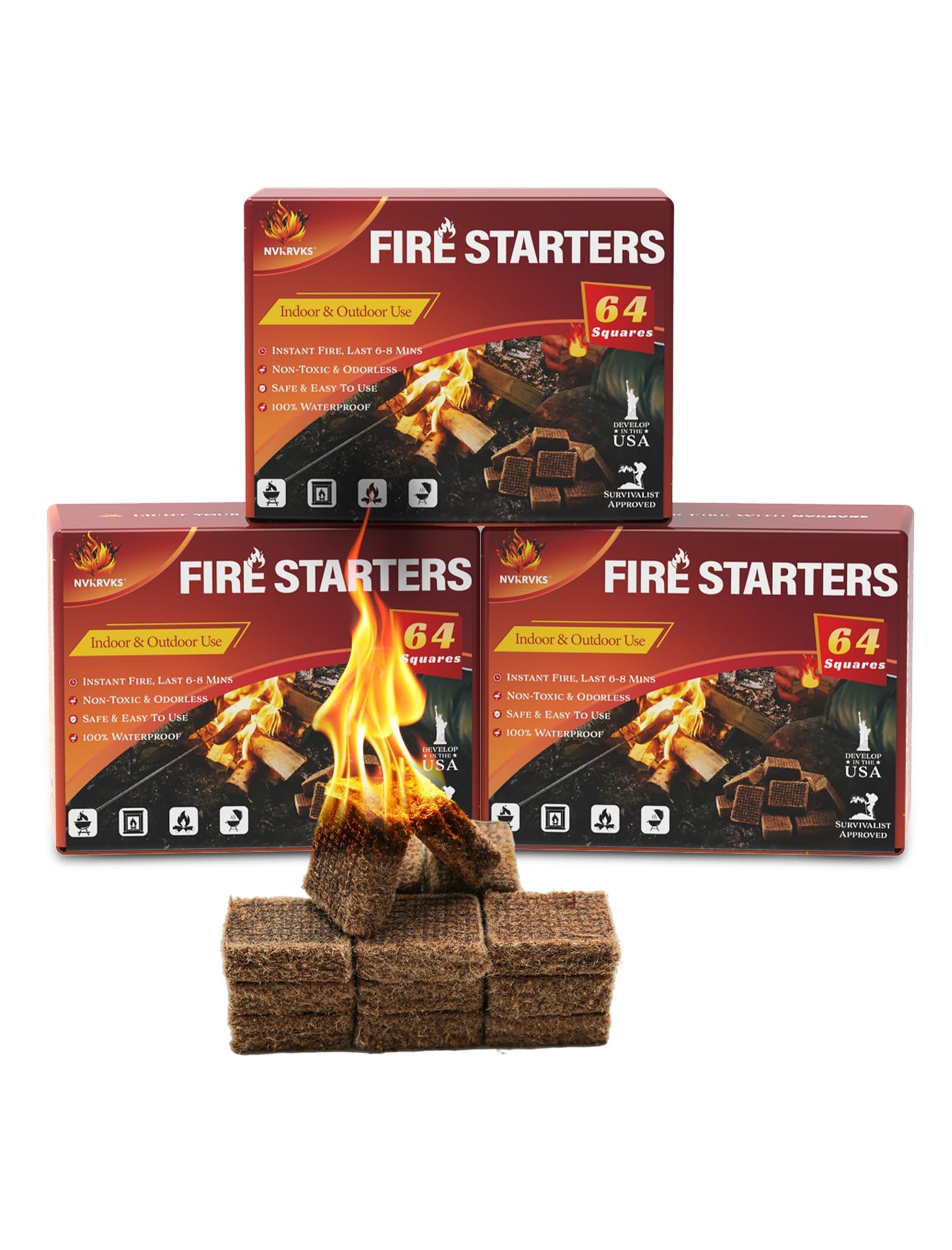 Fire Starter, Easy-Burning Fire Starter Squares for Wood Stoves, Campfires, Grill Pit and Fireplace, Natural & Waterproof BBQ Fire Starters, 64 Mini Square