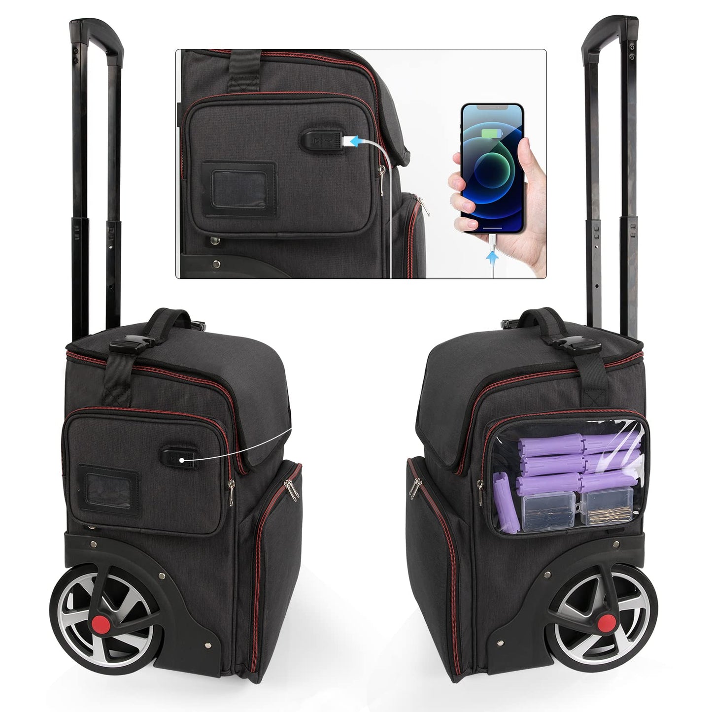 Large Makeup Train Case,Cosmetic Makeup Case for Hairstylist, Hairdresser Bag with Detachable Pouch,Heat Insulation and Anti-scalding Full layer for Hairdressing Tool Organizer Trolley with wheels