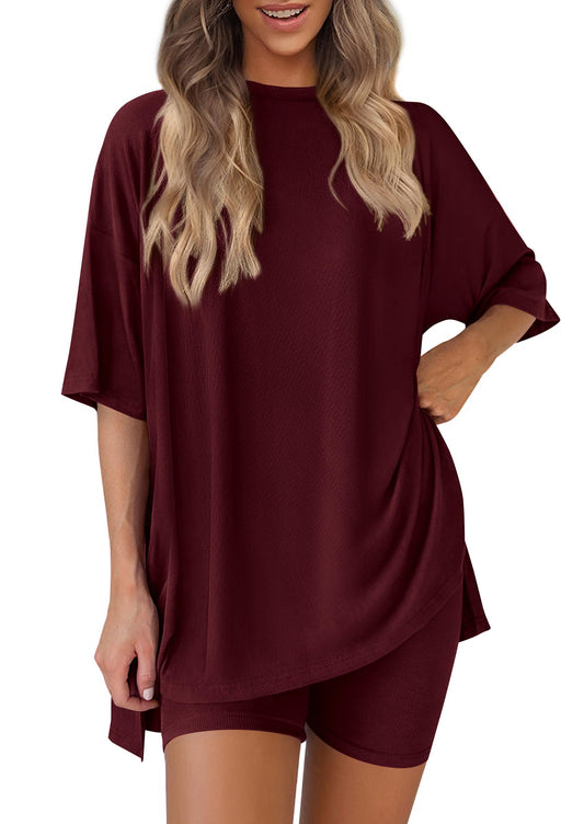 PRETTYGARDEN Women's Two Piece Lounge Set 2025 Summer Casual Oversized Shirts Biker Shorts Matching Airport Travel Outfit