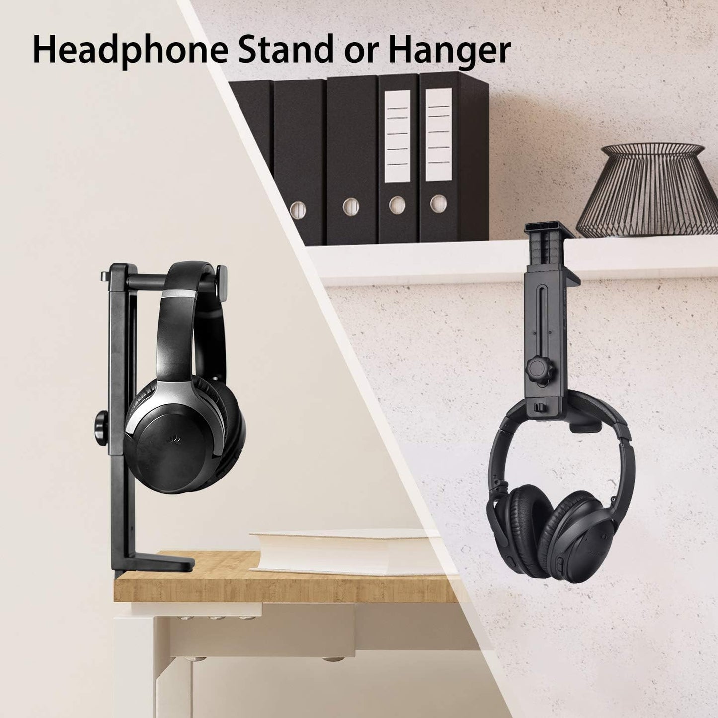 NEETTO HS906 Headphone Stand & Hanger 2 in 1, Above & Under Desk Gaming Headset Holder Mount Hook with Height Adjustable & Rotating Clamp, Earphone Rack with Cable Clip