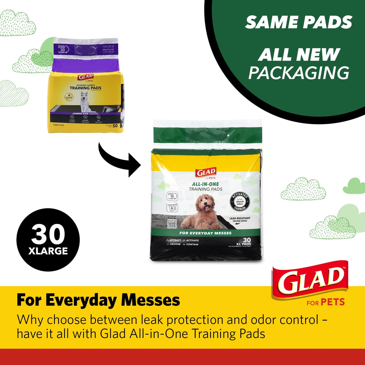 Glad for Pets Extra Large Charcoal Dog Training Pads - Absorbent Disposable Pee Pads for Dogs, Cats & Puppies - Jumbo-Size Potty Pads that Neutralize Urine Instantly - 30 Count Pet Supplies