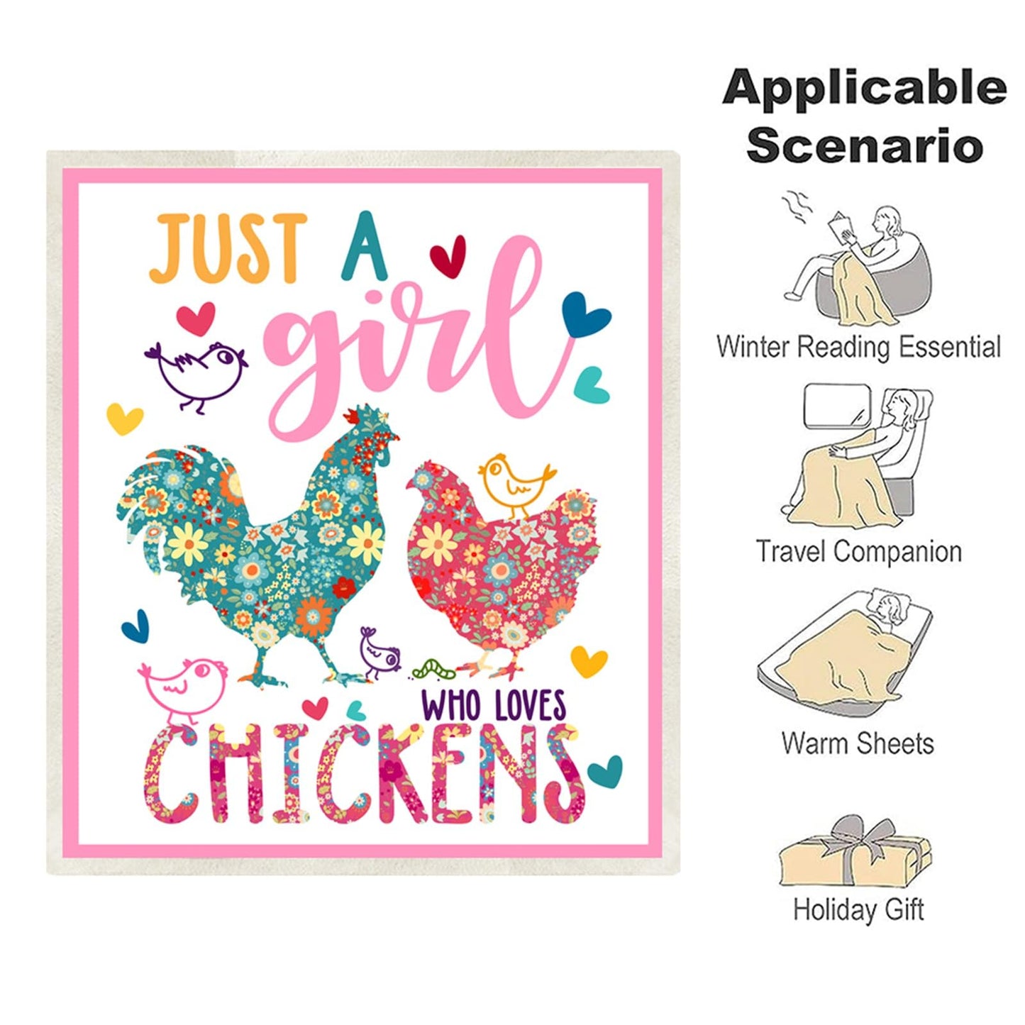 Chicken Blanket,Chicken Decor Gift Blanket,Just A Girl Who Loves Chickens Soft Rooster Throw Bedding Gifts for Kids Boys Girls Adults 60"x50"