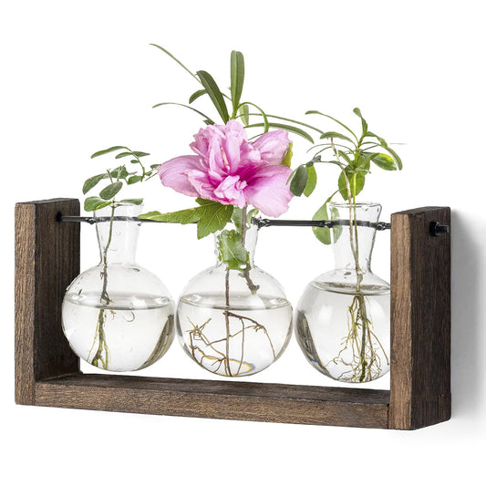 Kingbuy Glass Plant Terrarium - 3 Bulbs Propagation Station with Retro Wood Stand Indoor Garden Planter, Bulb Vase & Desktop Decor for Home Kitchen Wedding, Gift for Women & Plant Lover