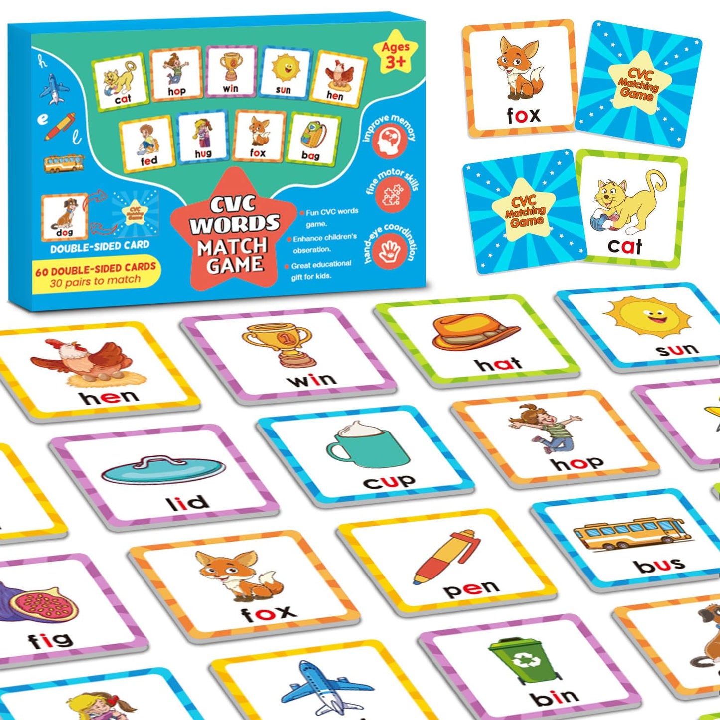 CVC Word Games Kindergarten, Memory Games for Kids Ages 4-8 & Matching Games for Toddlers 3-5, 60 PCS Phonics Games Flash Cards, Educational Toys Homeschool Supplies for Boys and Girls