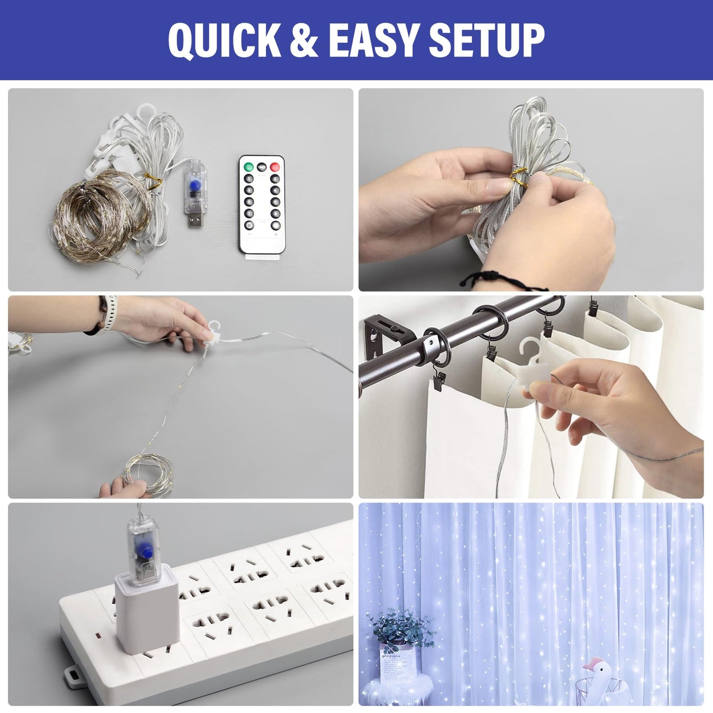 DOVORSY 2 Pc 300 LED Fairy Curtain Light,9.8x9.8Ft Cold White USB Plug in 8 Modes Christmas String Waterproof Lights for Bedroom,Wedding,Party,Garden,Outdoor&Indoor Wall Decorations Twinkle Lights