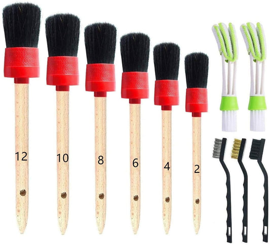 Nurkul 11Pcs Auto Detailing Set, Boar Hair Brushes, Steel Wire & A/C Brushes, Red, Soft Bristles, Wood Handles for Cleaning Interior, Exterior, Leather, 6 Sizes