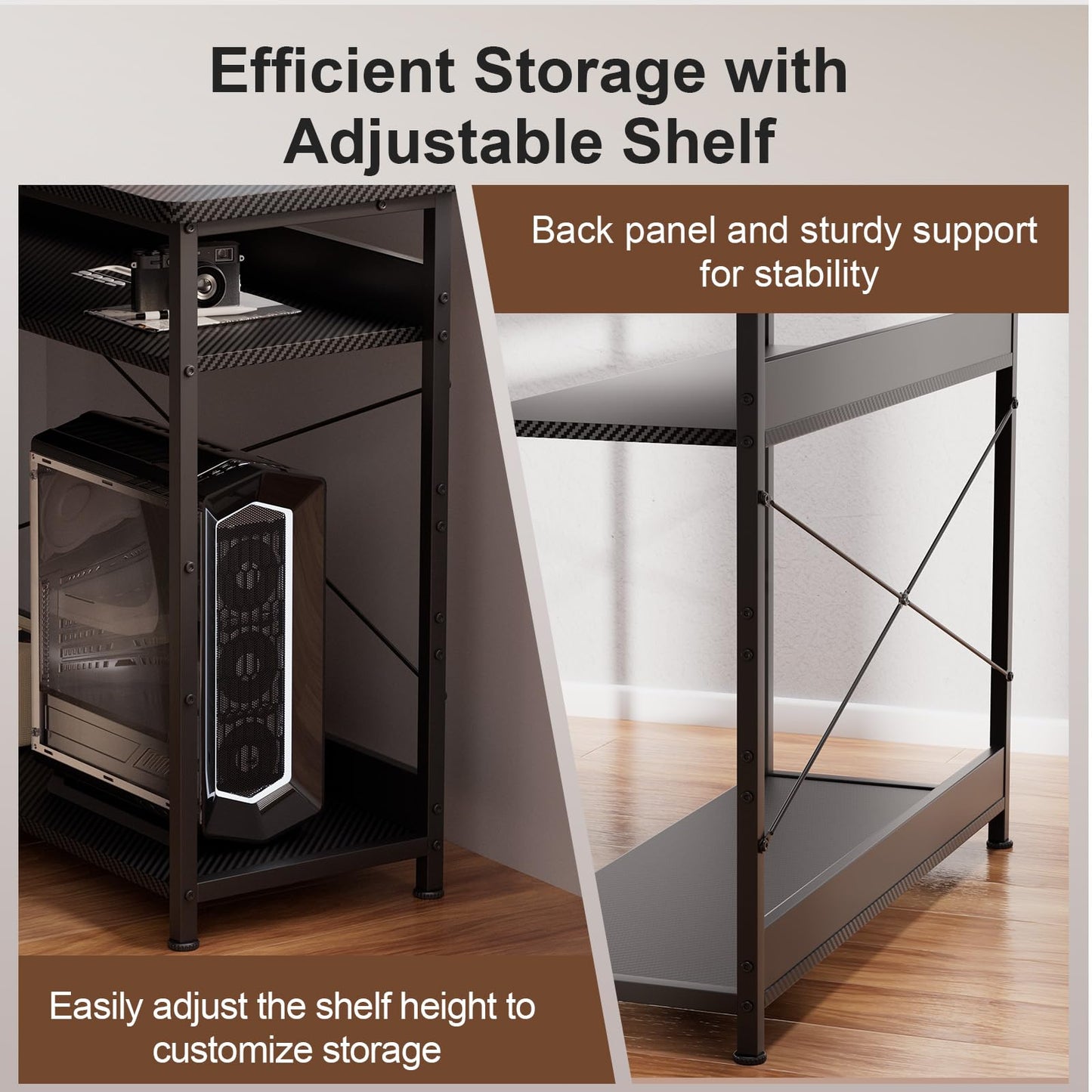 GTPLAYER L Shaped Gaming Desk, Carbon Fiber Style Computer Desk with Monitor Shelf and Hook, Black Small L Shape Desk with Adjustable Open Storage Shelf, Corner PC Table for Small Space Home Office