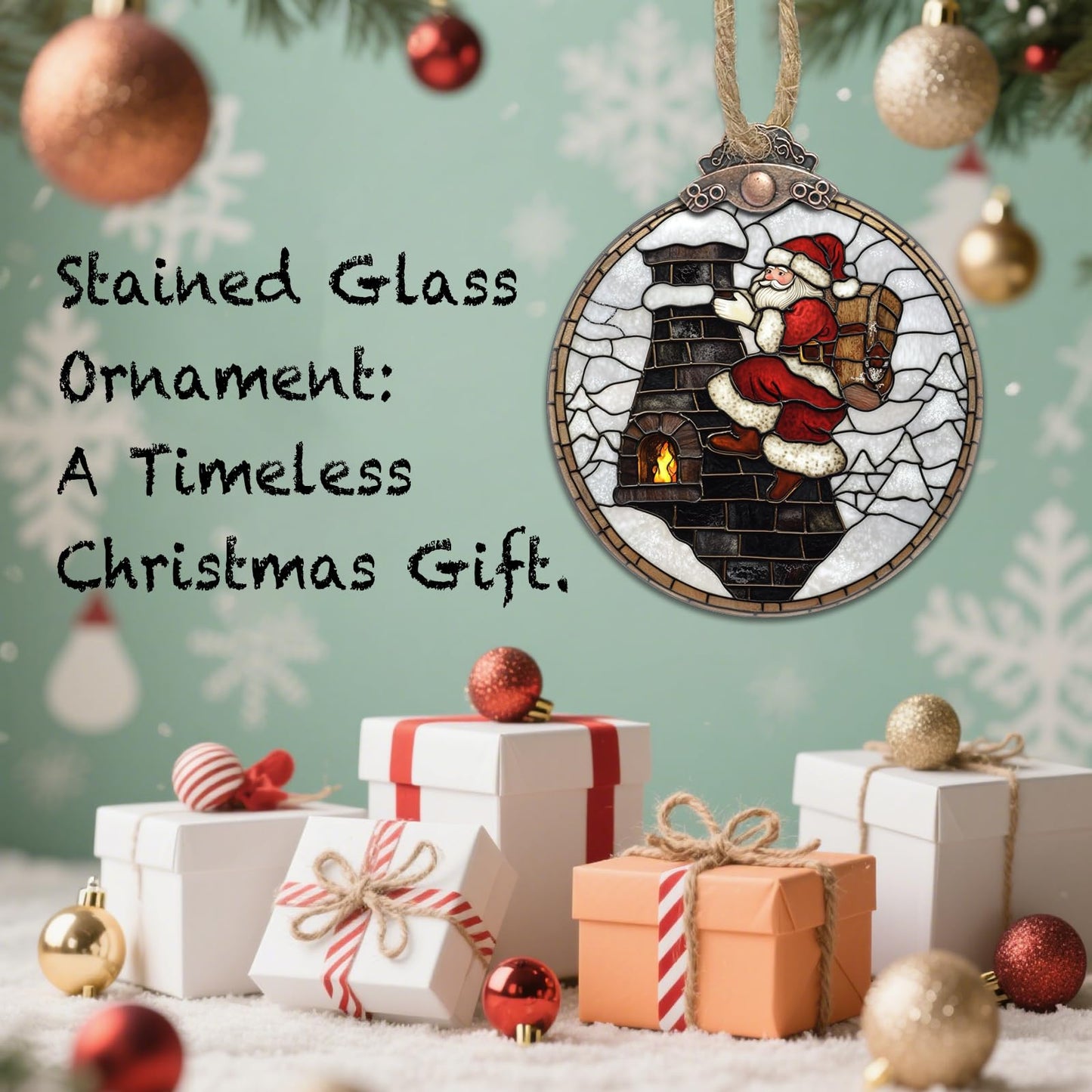 HWRHTR Stained Glass Christmas Decorations, Santa Claus Chimney Suncatcher for Window Christmas Tree Hanging Ornaments White Sun Catcher Xmas Decor Gifts for Little Girl Women Men Mom Nana Friend