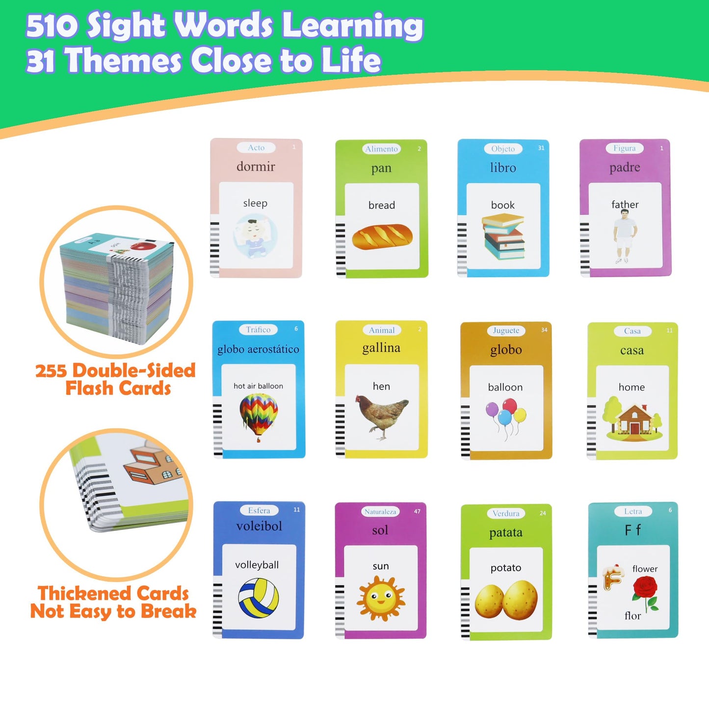 MAYAPHILOS Spanish and English Bilingual Talking Flash Cards with 510 Sight Words, Learning Toys for Toddlers Autism Learning Materials Montessori Toys for Toddlers