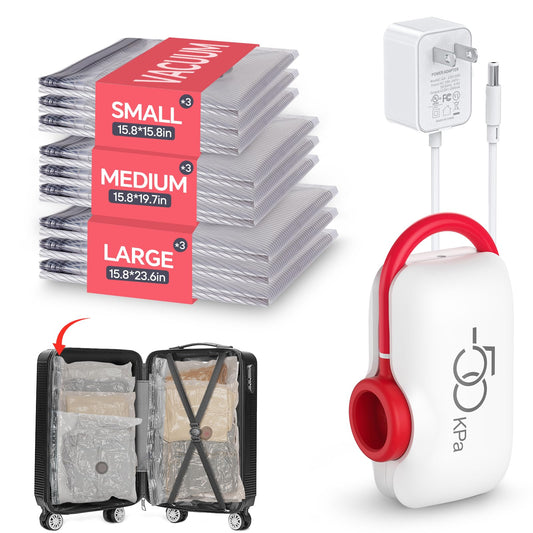 VMstr Vacuum Storage Bags With Electric Pump (D/C Powered), 15 Pack Travel Compression Sealing Bags for Clothes and Clothing Luggage Suitcase Packing, Carry-on Travel Size