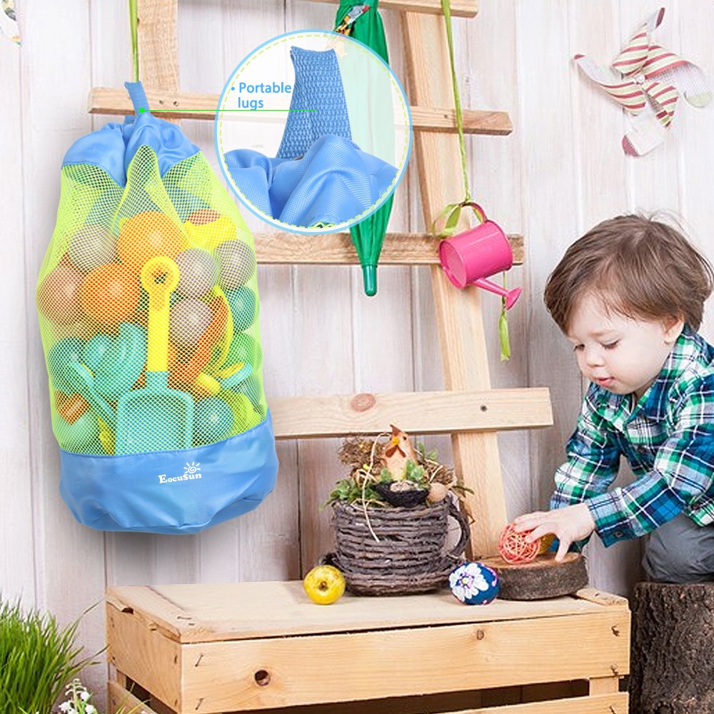 EocuSun Large Mesh Beach Bag Tote Durable Sand Away Drawstring Backpack Swim and Pool Toys Balls Storage Bags Packs, Stay Away From Sand and Water, Toy Not Included, Blue