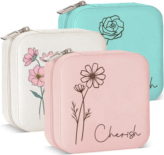 Ships Next Day, Custom Travel Jewelry Box with Name and Birth Flower, Birthday Gifts for Women, Bridesmaid Proposal Gifts Personalized Small Travel Jewelry Case, Customized Gifts for Teen Girls
