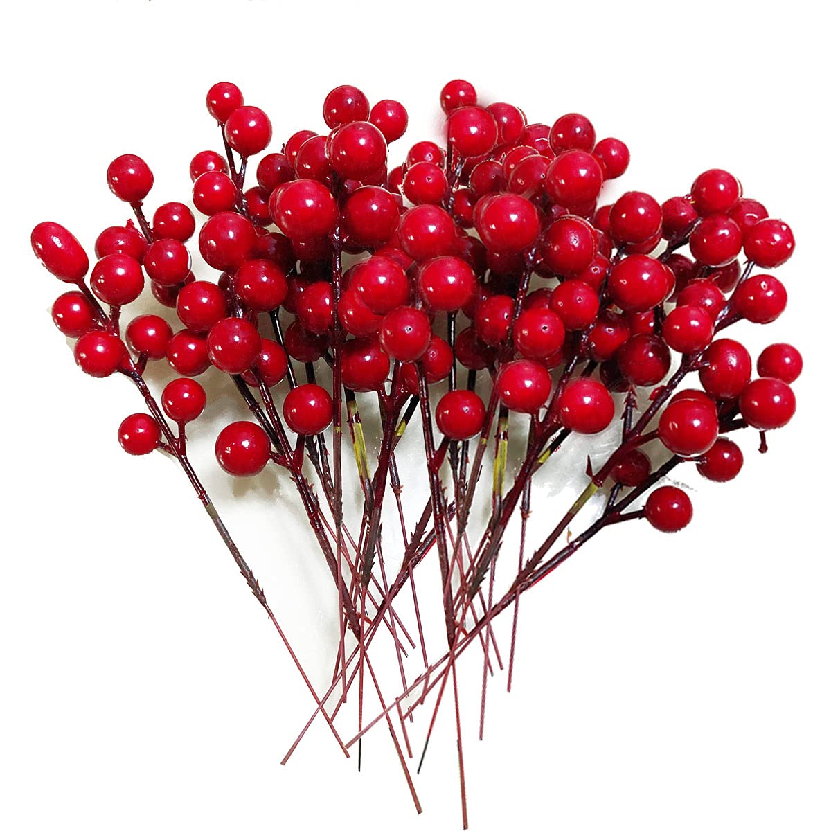 SLXDEX 24 pcs Red Holly Berry Stem Picks - Decorative Wire Stem Branch Sprays for Christmas Tree Decoration, Holiday Decor, Silk Flower Arrangements, Home DIY Crafts (24, 6.7inch)