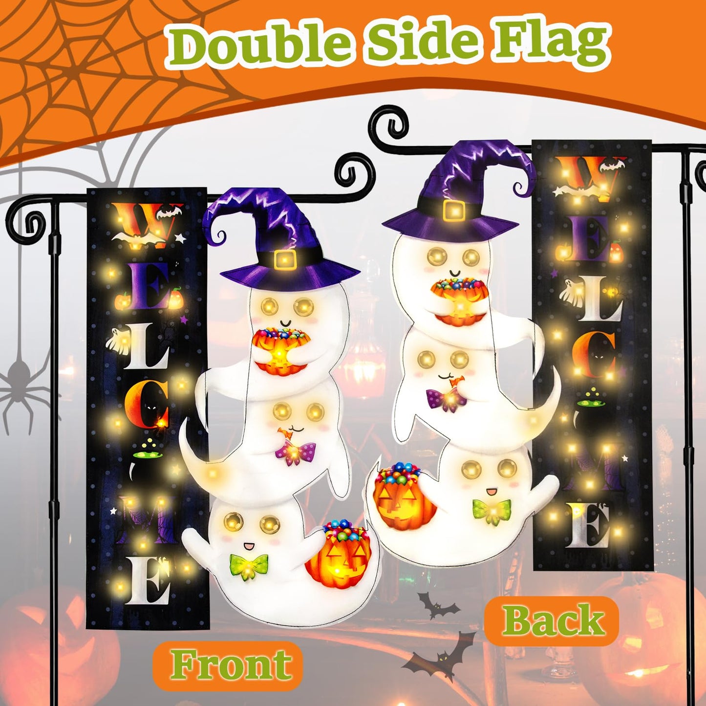 Halloween Lighted Garden Flag, Solar Yard Flag for Outside, 8 Modes Double Sided Welcome Halloween Ghost Outdoor Decorations for Home Porch (Ghost-12x18)