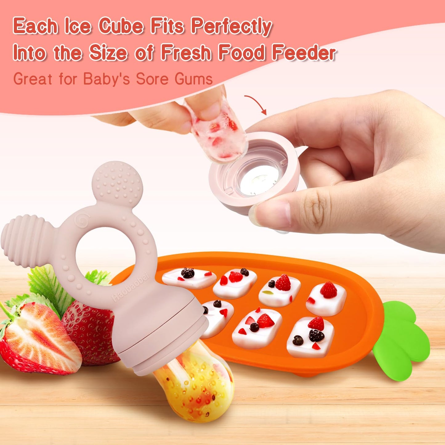 Baby Fruit Food Feeder - Silicone Nibble Tray Combo - Breastmilk Popsicle Mold for Cooling Relief, BPA Free Mesh Feeder for Infant Self Feeding (Lavender Pink + Carrot)