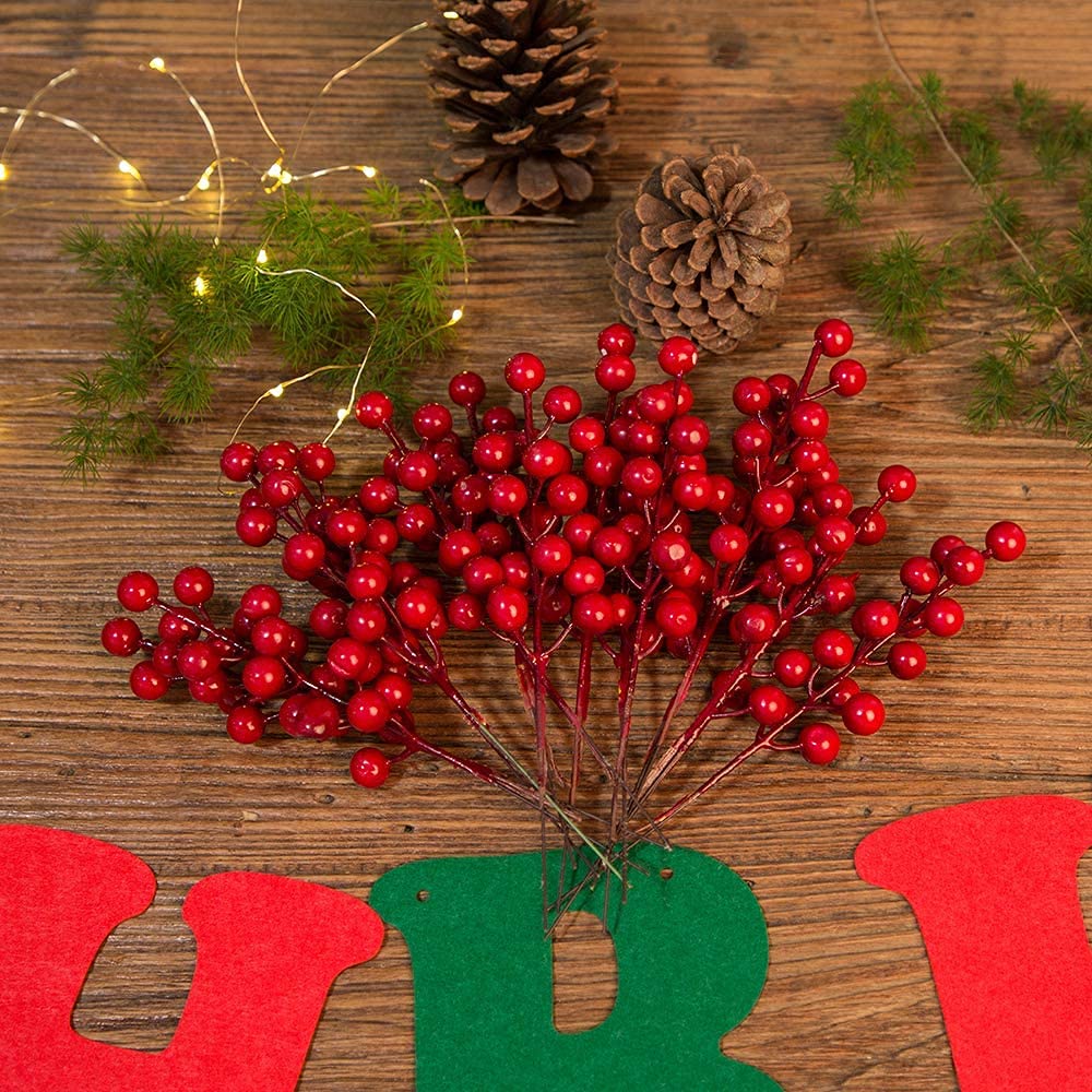 SLXDEX 24 pcs Red Holly Berry Stem Picks - Decorative Wire Stem Branch Sprays for Christmas Tree Decoration, Holiday Decor, Silk Flower Arrangements, Home DIY Crafts (24, 6.7inch)