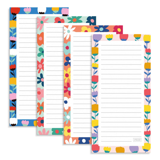S&O Magnetic Notepads for Refrigerator 4 Pack - Fun Floral planner for Fridge Sets - Force field List sheets for cooler - Sticky writing pages for freezer - 3.5” x 7”, 45 Pages