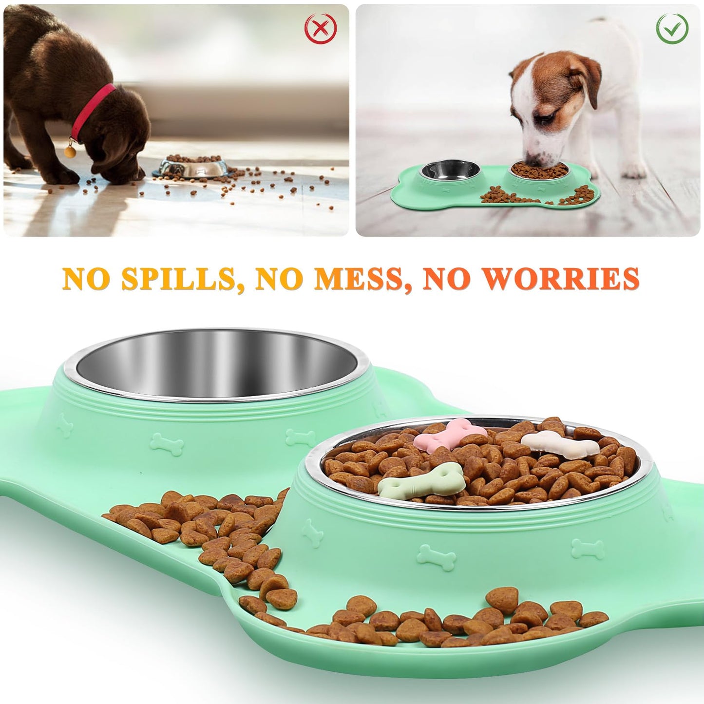 VIVAGLORY Dog Bowls, Stainless Steel Cat Puppy Dogs Water Food Bowls with Non Spill Skid Resistant Silicone Mat, Small, Mint Green