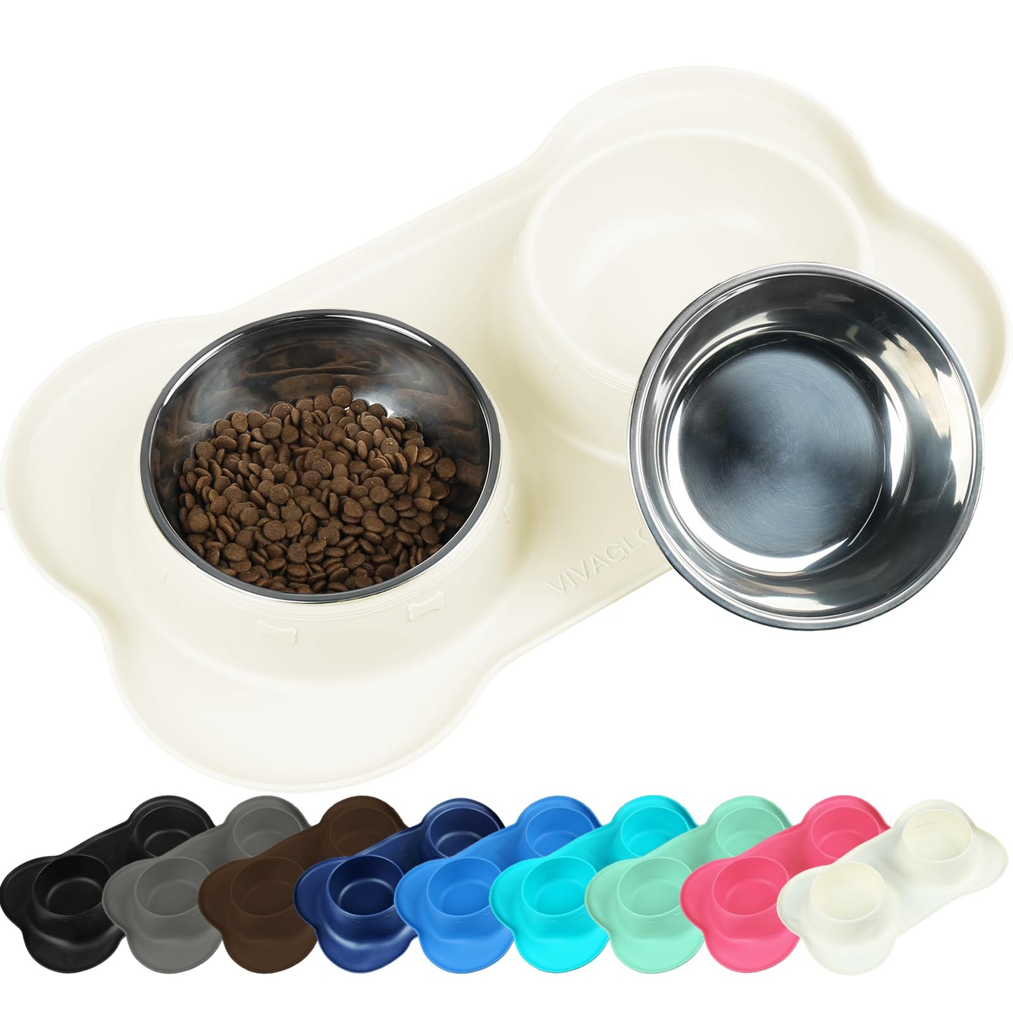 VIVAGLORY Dog Bowls, Dog Food Bowls, Stainless Steel Cat Puppy Water Bowls with Non Spill Skid Resistant Silicone Mat, Small, Ivory