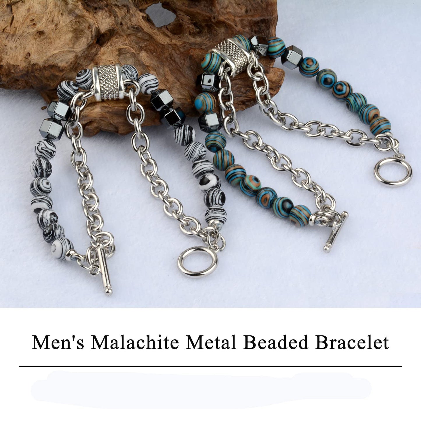 Nainsect Bead Bracelets Malachite Bracelet Metal Beads Hip Hop Gallstone Beaded Chain Bracelet Mens Beads Stretch Bracelet 2 PCS (Green+white)