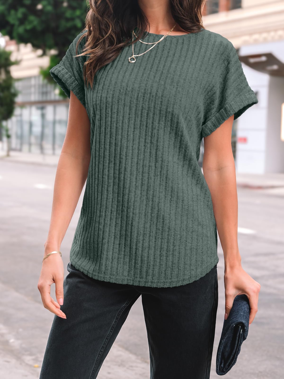 AUTOMET Women Shirts Summer Sweaters Regular Fit Short Sleeve Tunic Tops 2025 Dressy Casual Business Blouses Green L