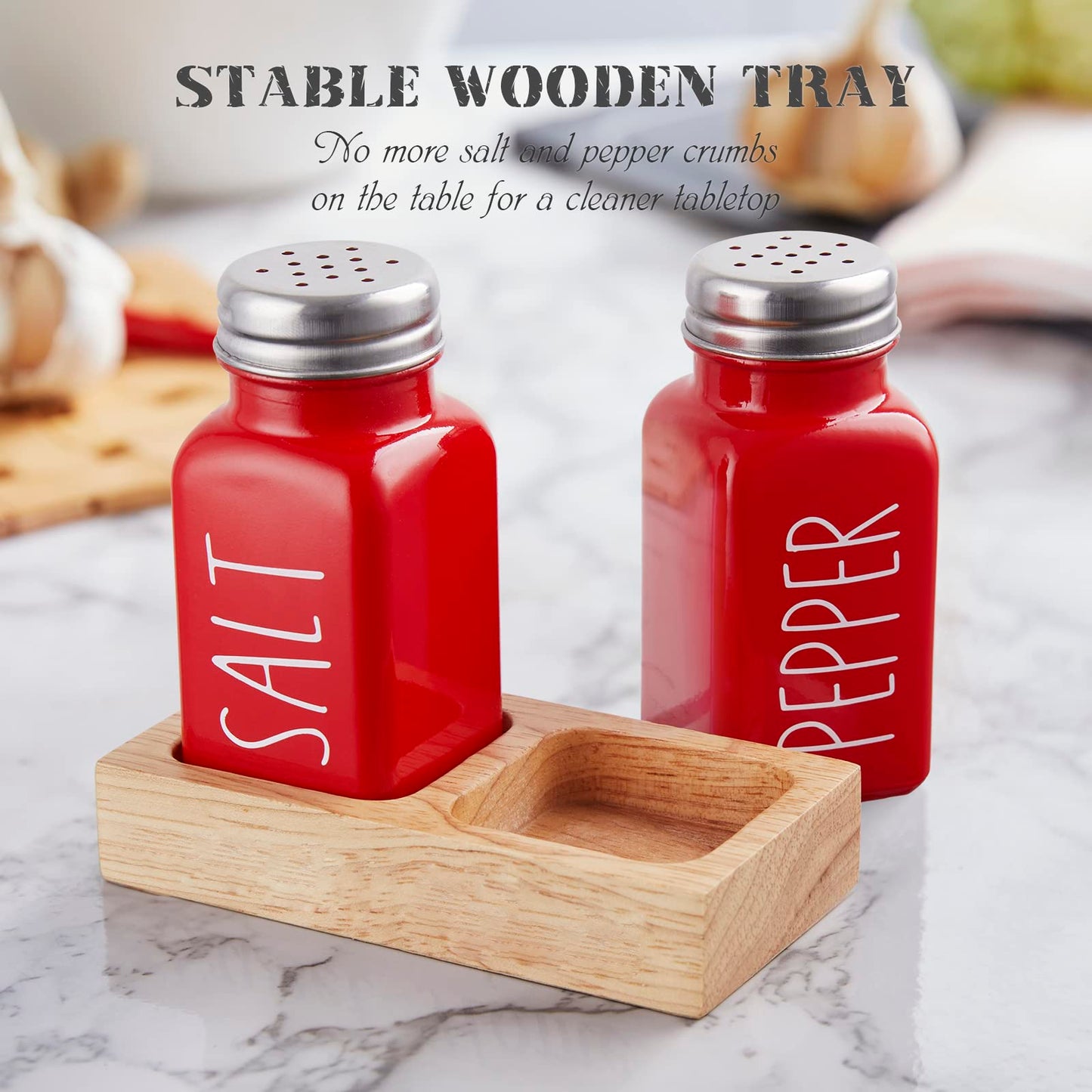 Red Salt and Pepper Shakers Set with Holder - Dopeca Glass Salt Shaker with Wood Tray for Kitchen Counter - Red Kitchen Decor and Accessories - for Christmas Kitchen Housewarming Gift - 2.7 oz