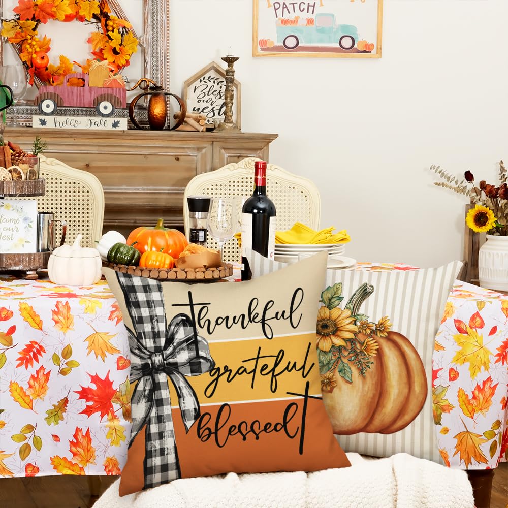 GEEORY Fall Pillow Covers 18x18 Inch Set of 4, Pumpkins Mason Jars Home Sweet Home Striped Seasonal Decorative Throw Pillows Farmhouse Autumn Thanksgiving Decorations for Home Decor (Orange)
