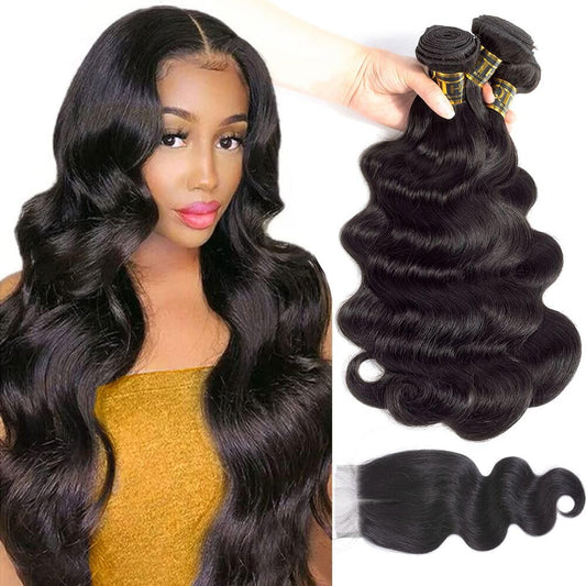 QTHAIR 16A Human Hair Bundles with Closure Body Wave Human Hair Bundles 18" 18" 20" with 16" Closure 100% Unprocessed Brazilian Virgin Hair Bundles with Closure 3 Bundles and Closure