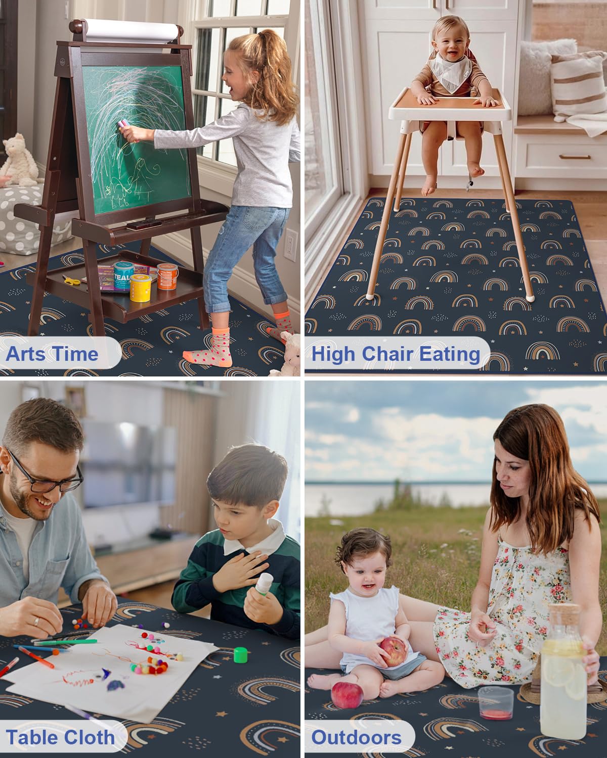 Blissful Diary Baby Splat Mat for Under High Chair, 50.4 x 50.4 Inch Wipeable Splash Mat, Waterproof and Washable, Anti-Slip Floor Protector, Retro Rainbow